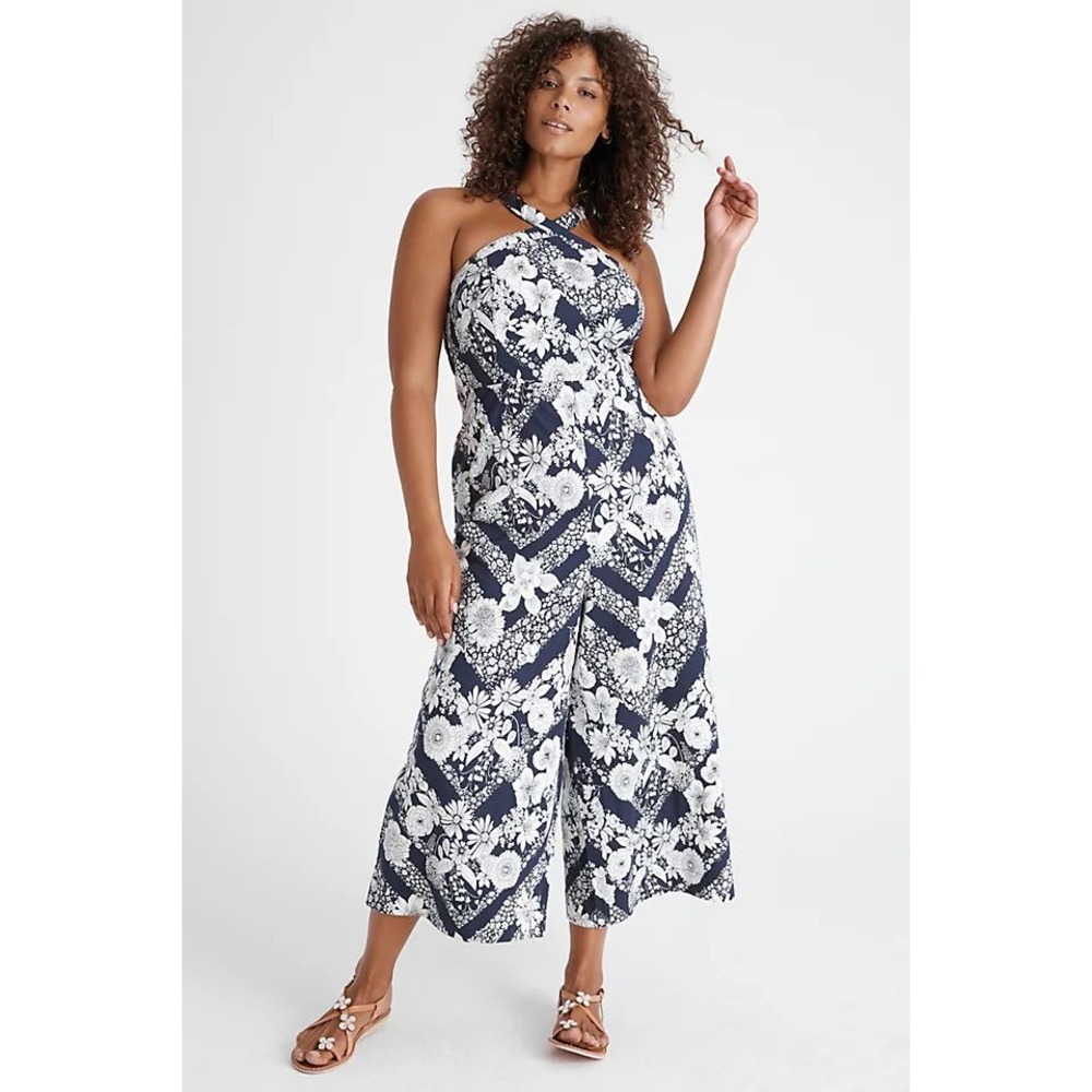 Maeve Anthropologie Magda Floral Halter Jumpsuit Navy Wide Leg Cropped Size 10